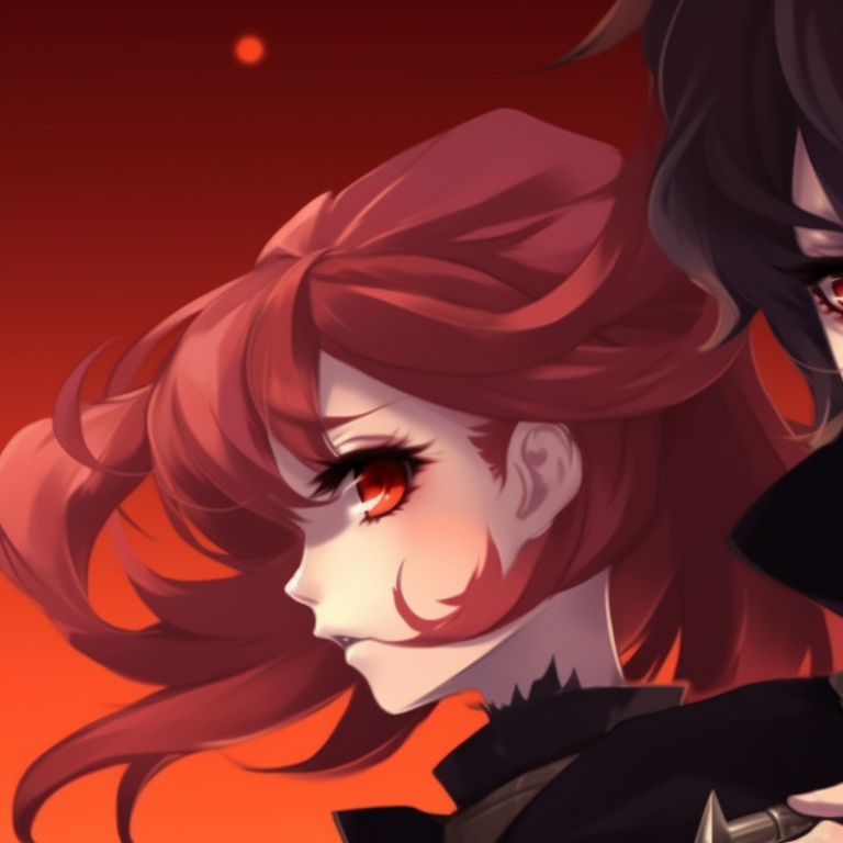 Two anime characters, lycanthropic transformation, sharp lines and intensity creative hot matching pfp halloween theme pfp for discord.