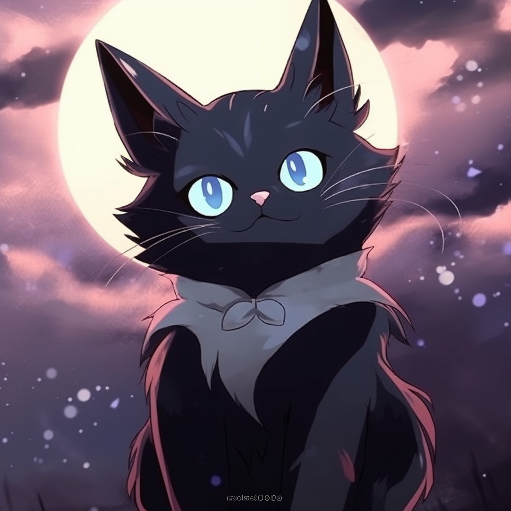 Anime Cat with a night sky fur pattern, strong use of dark cool tones and galaxy motifs. stylish anime cat drawings pfp