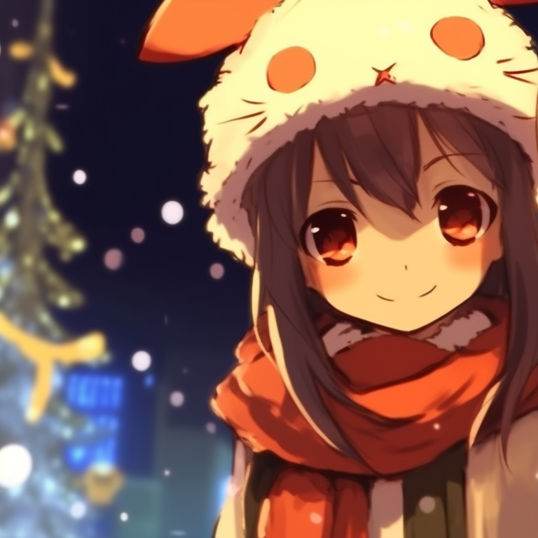 Two characters under orange Christmas lights, warm hues, sharing a scarf. inspiring orange matching pfp for christmas pfp for discord.
