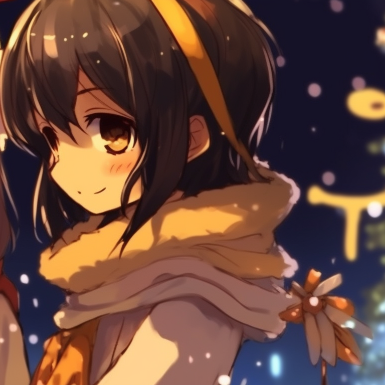 Two characters under orange Christmas lights, warm hues, sharing a scarf. inspiring orange matching pfp for christmas pfp for discord.