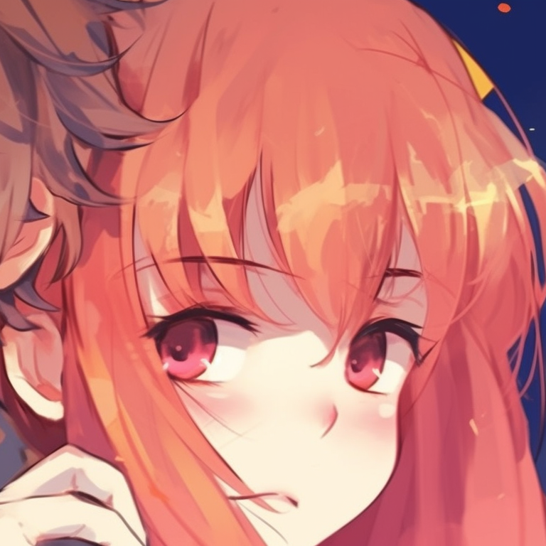 Two characters, vibrant pastel hues and sakura blooms, leaning into each other closely. charming matching anime pfp for couples pfp for discord.