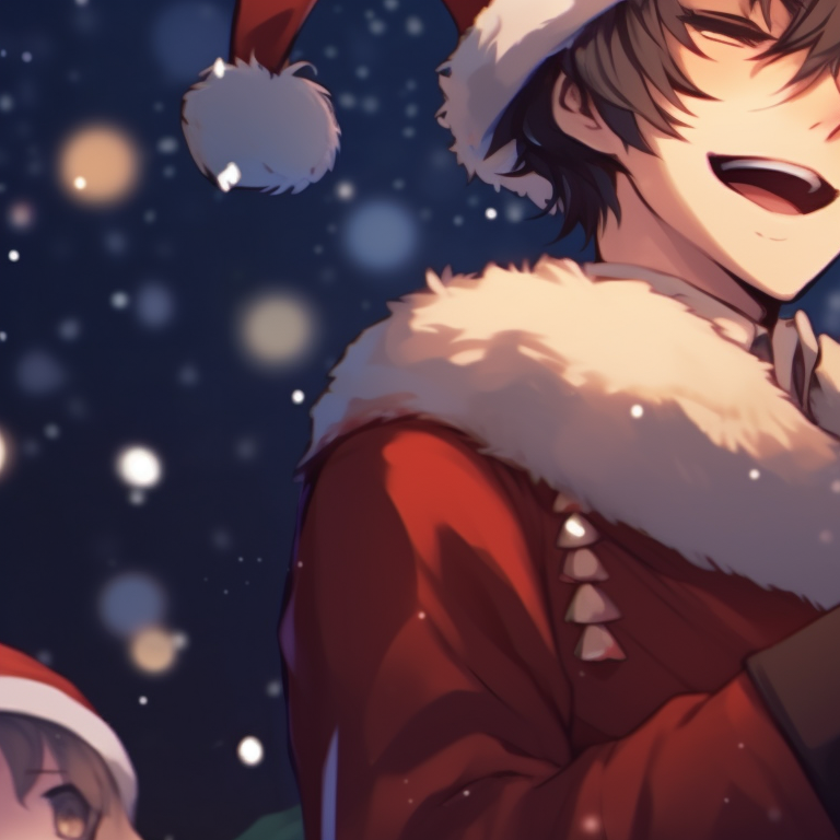 Two characters in matching Santa outfits, detailed accessories and sparkling eyes, waving Christmas wands. the best matching cute aesthetic christmas pfp for use pfp for discord.