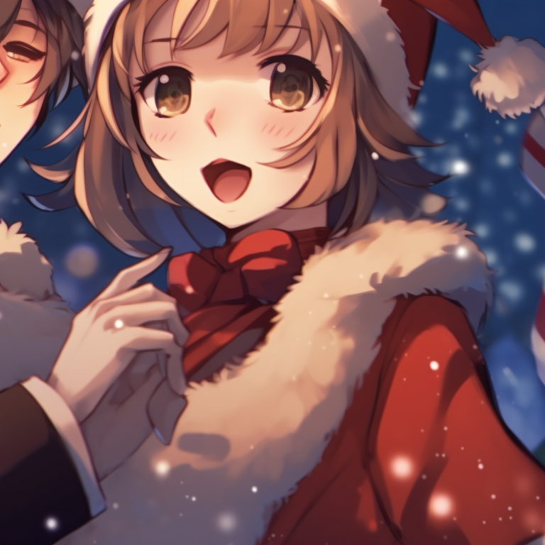 Two characters in matching Santa outfits, detailed accessories and sparkling eyes, waving Christmas wands. the best matching cute aesthetic christmas pfp for use pfp for discord.