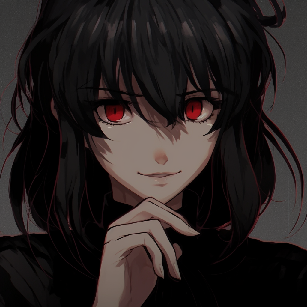 An anime girl standing in shadows, only her piercing eyes are vivid. Strong contrasts and dark hues are evident. black pfp anime female characters pfp for discord.