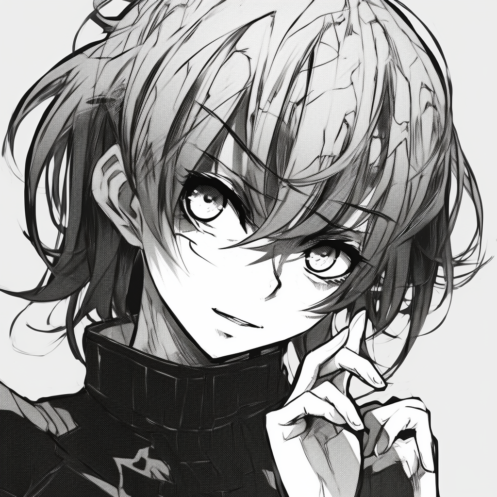 Anime character in monochrome, showcasing a balance between light and dark values. black and white anime pfp manga