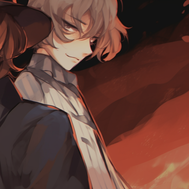 Chuuya and Dazai standing with a large jack-o'-lantern, warm colors, and exaggerated features. chuuya nakahara halloween pfp pfp for discord.