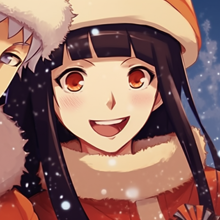 Naruto and Hinata in festive outfits, vibrant colors and soft shading. perfect naruto christmas match-up pfp pfp for discord.