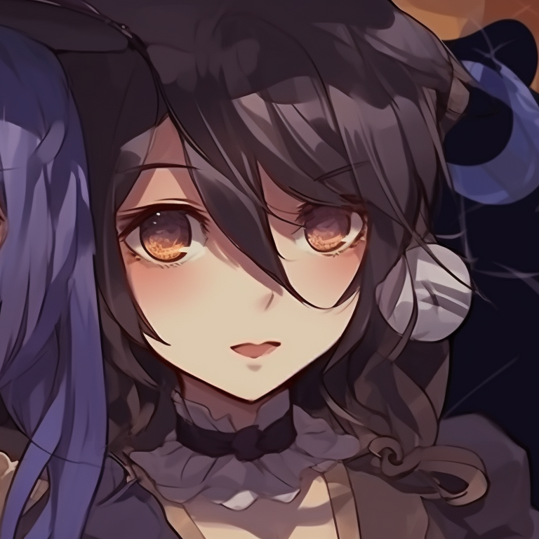 Two characters dressed as witches, highly detailed with rich purples and blacks. group themed halloween pfp ideas pfp for discord.
