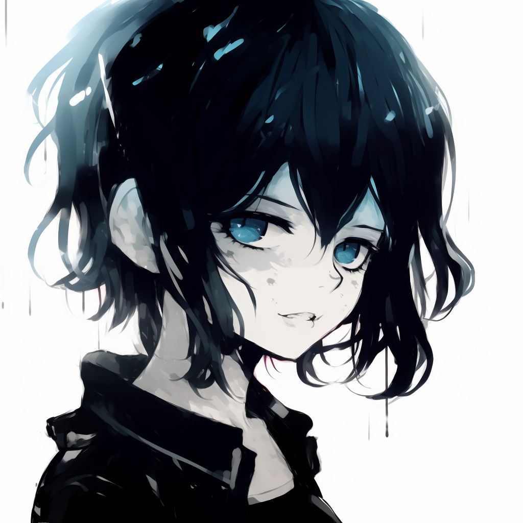 Gothic-inspired emo anime profile, characterized by dark colors and distinct facial expressions and outfit details. colored emo anime pfp
