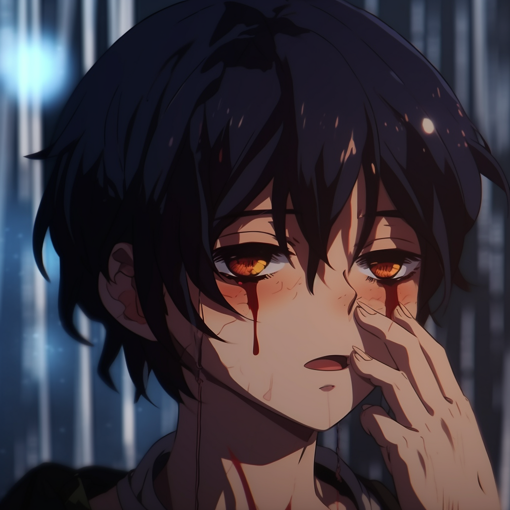 Distressed anime character profile picture, unique focus on facial expressions and color composition expressive crying anime pfp pfp for discord.