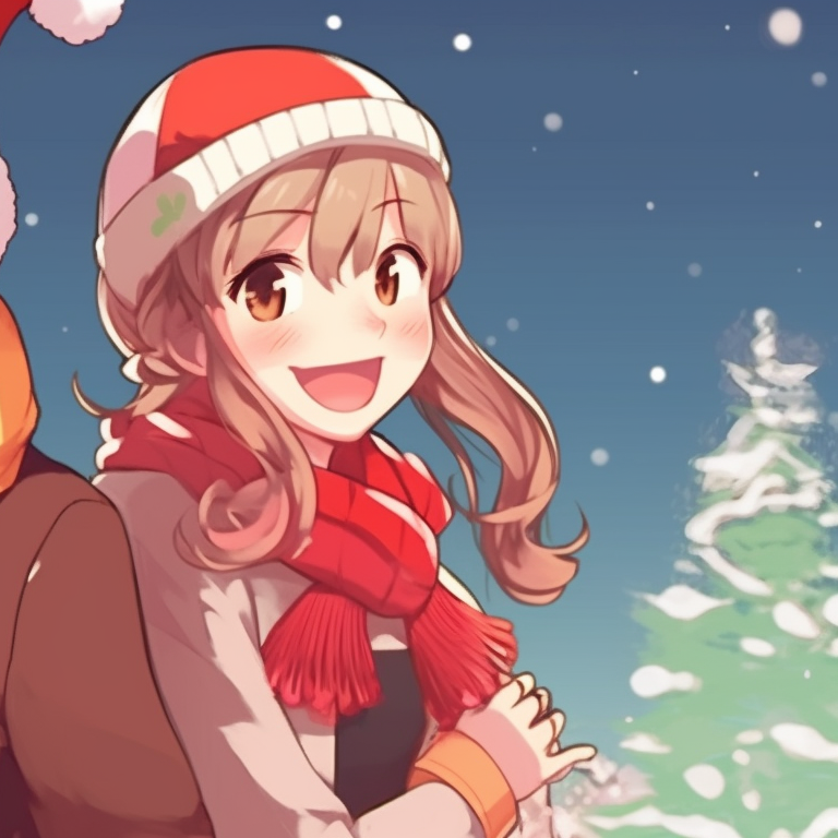 Two characters in seasonal outfits, hints of snow in background with warm, vibrant colors. trendy matching christmas pfp background designs pfp for discord.