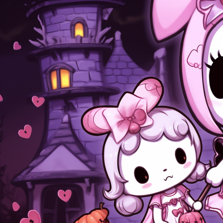 Two My Melody characters, one holding a broomstick and the other holding a pumpkin, on a foliage-filled, autumn night background. my melody matching pfp halloween theme diy pfp for discord.