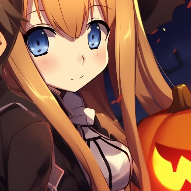 Asuna and Kirito featured side-by-side, both in distinctive Halloween attire, with a dark, moody color palette. sword art online characters kirito and asuna halloween matching pfp pfp for discord.