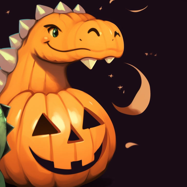 Two cartoon dinosaur characters in matching witch costumes, night sky filled with stars in the background creative dino matching pfp halloween theme pfp for discord.