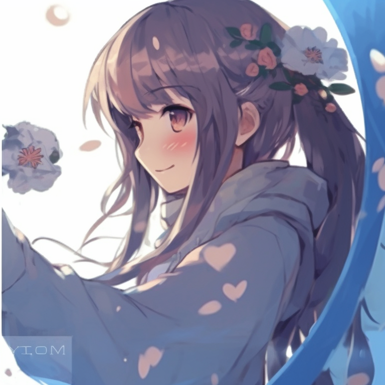 Two characters, floral elements and dynamic expressions, casually shoulder to shoulder with a mischievous grin. charming matching anime pfp for couples pfp for discord.