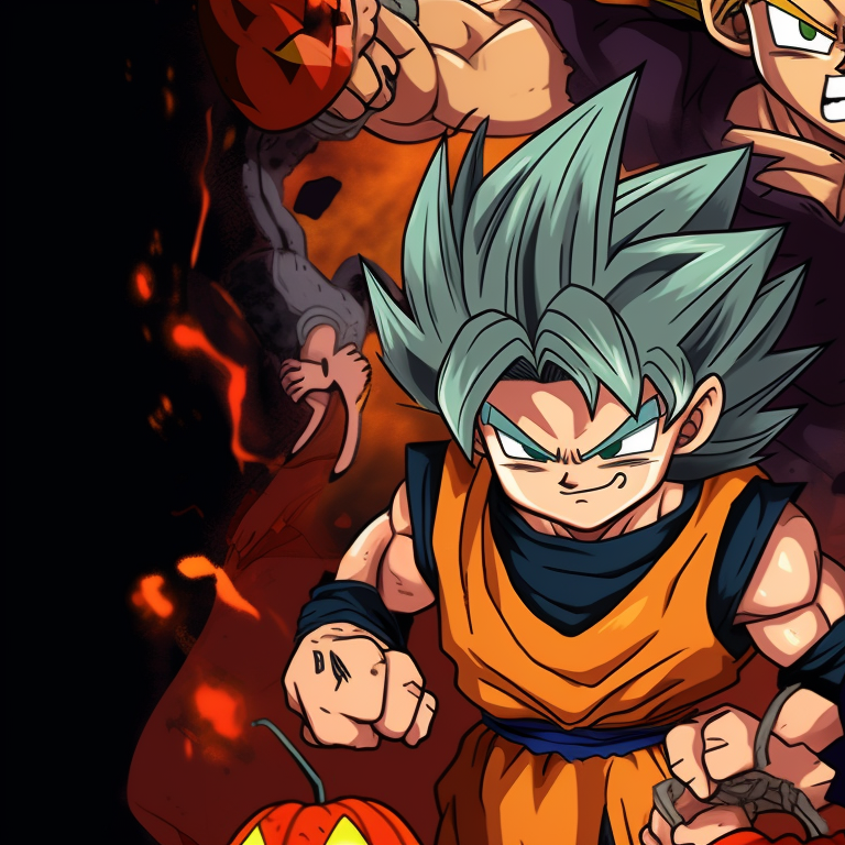 Goku and Vegeta striking dynamic poses, pop art style with heavy use of orange and black, indicating Halloween theme. goku and vegeta dragon ball halloween theme pfp pfp for discord.