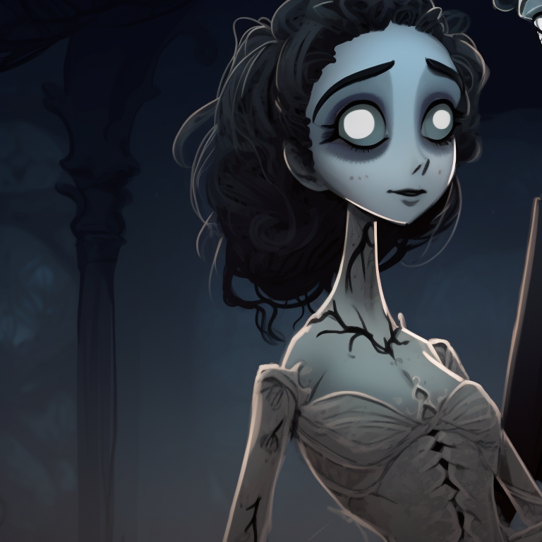Two characters, a skeleton groom and phantom bride, outdoors setting with gothic elements. hd pfp corpse bride pfp for discord.