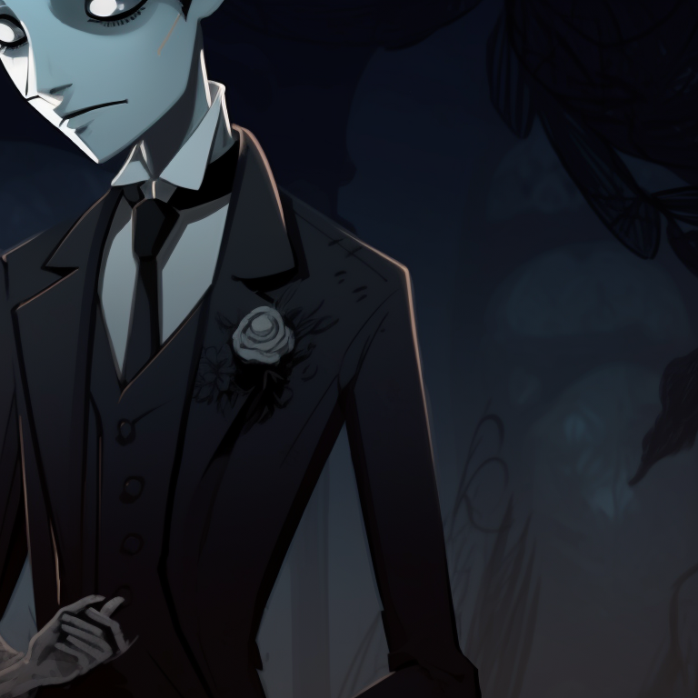 Two characters, a skeleton groom and phantom bride, outdoors setting with gothic elements. hd pfp corpse bride pfp for discord.