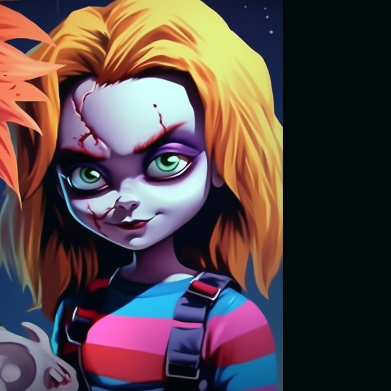 Chucky and Tiffany under a full moon, eerie tones and a spooky atmosphere. halloween themed pfp with chucky and tiffany pfp for discord.