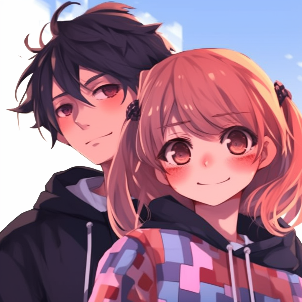 A silly moment captured between a smiling anime couple, light tones and playful expressions. adorable couple anime pfp