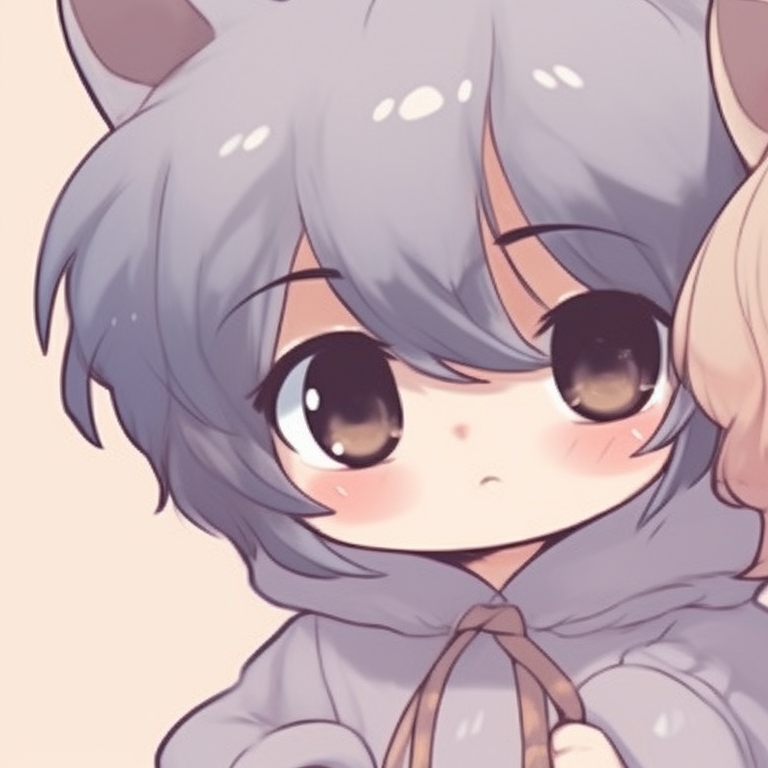 Characters drawn in a delightful chibi style, Playful demeanor with soft, muted colors. adorable and lovely matching pfp pfp for discord.