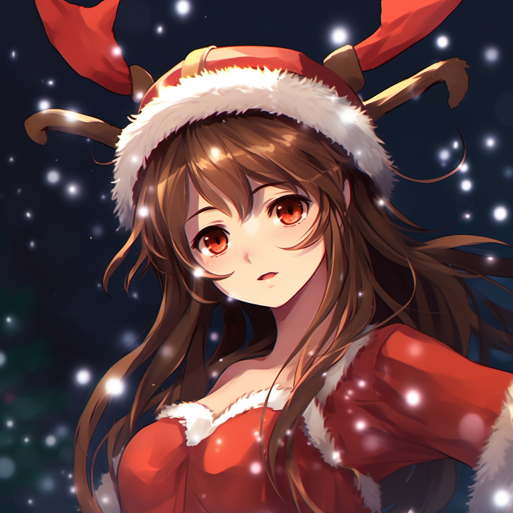 Anime girl with antlers, decorated with soft Christmas lights and vibrant reds. anime christmas pfp for girls