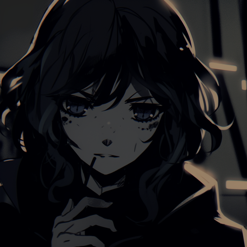 Artwork of a strong female character immersed in dark shadows, intricate costume details. anime pfp dark highlighting female characters pfp for discord.