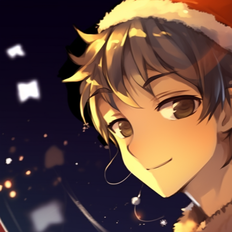 Two characters in a playful standoff, highlighting their contrasting personalities, surrounded by twinkling Christmas lights. orange christmas pfp variations pfp for discord.