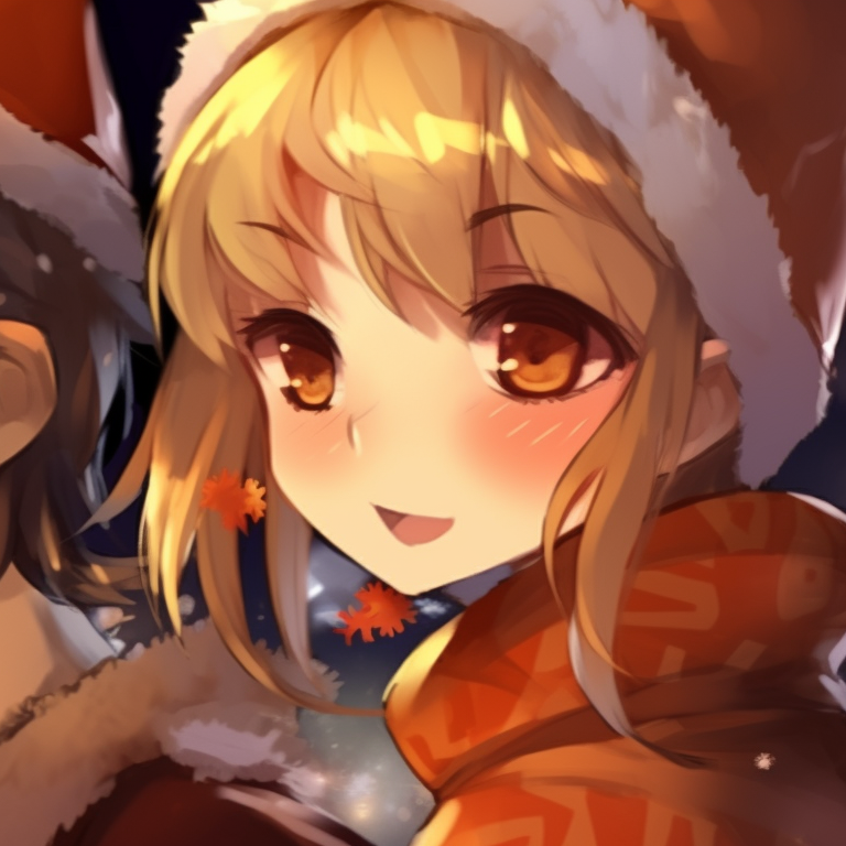 Two characters in a playful standoff, highlighting their contrasting personalities, surrounded by twinkling Christmas lights. orange christmas pfp variations pfp for discord.