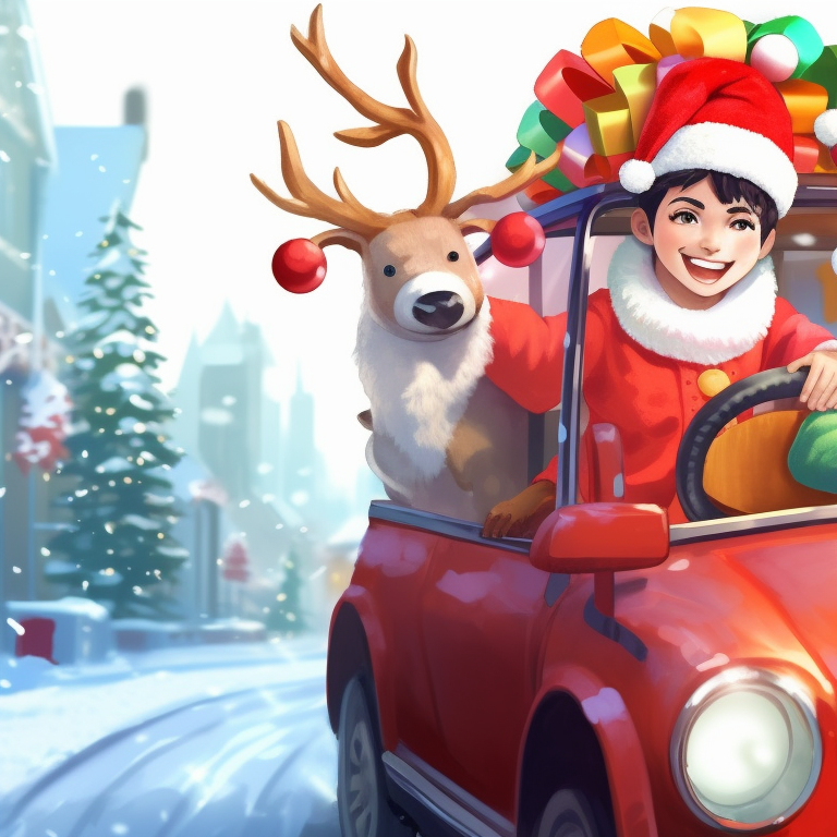 Two characters in festive outfits with reindeer ears, in front of a holiday buggy, surrounded by bright Christmas colors. beloved holiday car matching guides pfp for discord.