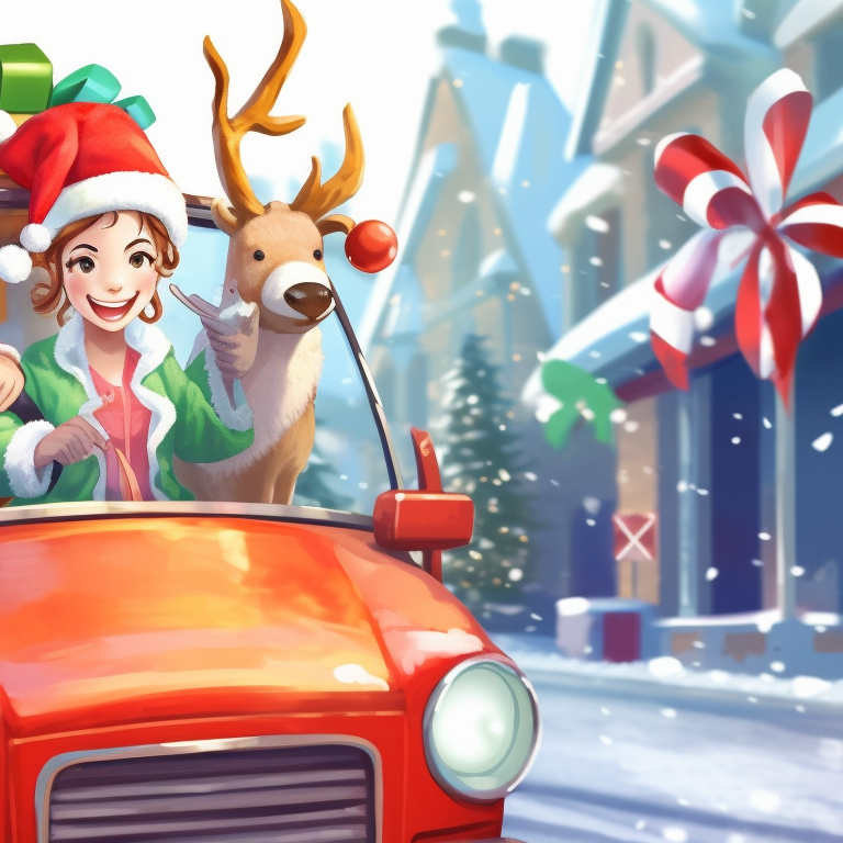 Two characters in festive outfits with reindeer ears, in front of a holiday buggy, surrounded by bright Christmas colors. beloved holiday car matching guides pfp for discord.