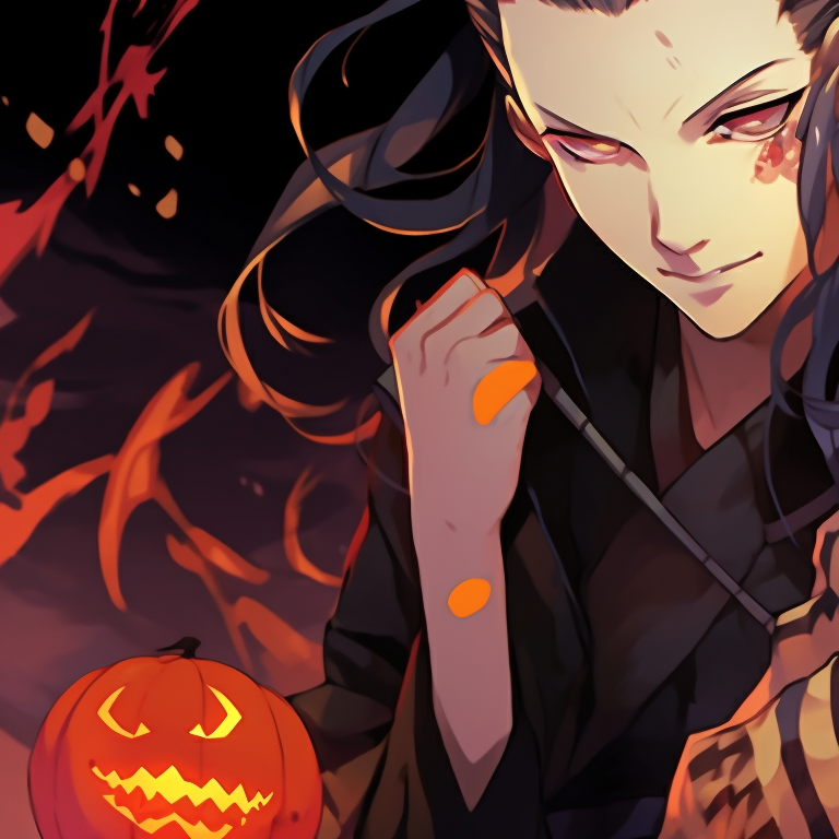 Zenitsu and Nezuko standing back to back, surrounded by halloween elements and warm hues. zenitsu and nezuko halloween wallpapers pfp for discord.
