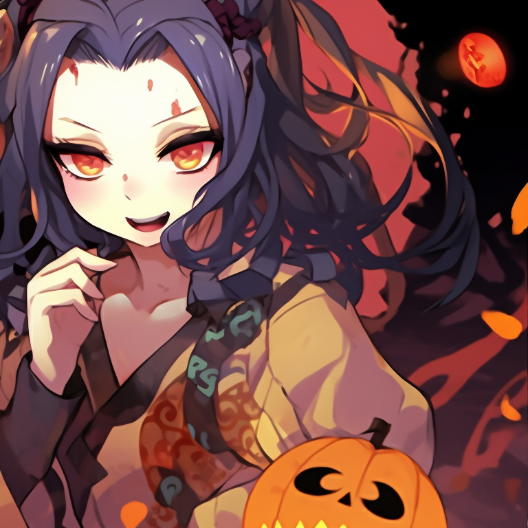 Zenitsu and Nezuko standing back to back, surrounded by halloween elements and warm hues. zenitsu and nezuko halloween wallpapers pfp for discord.