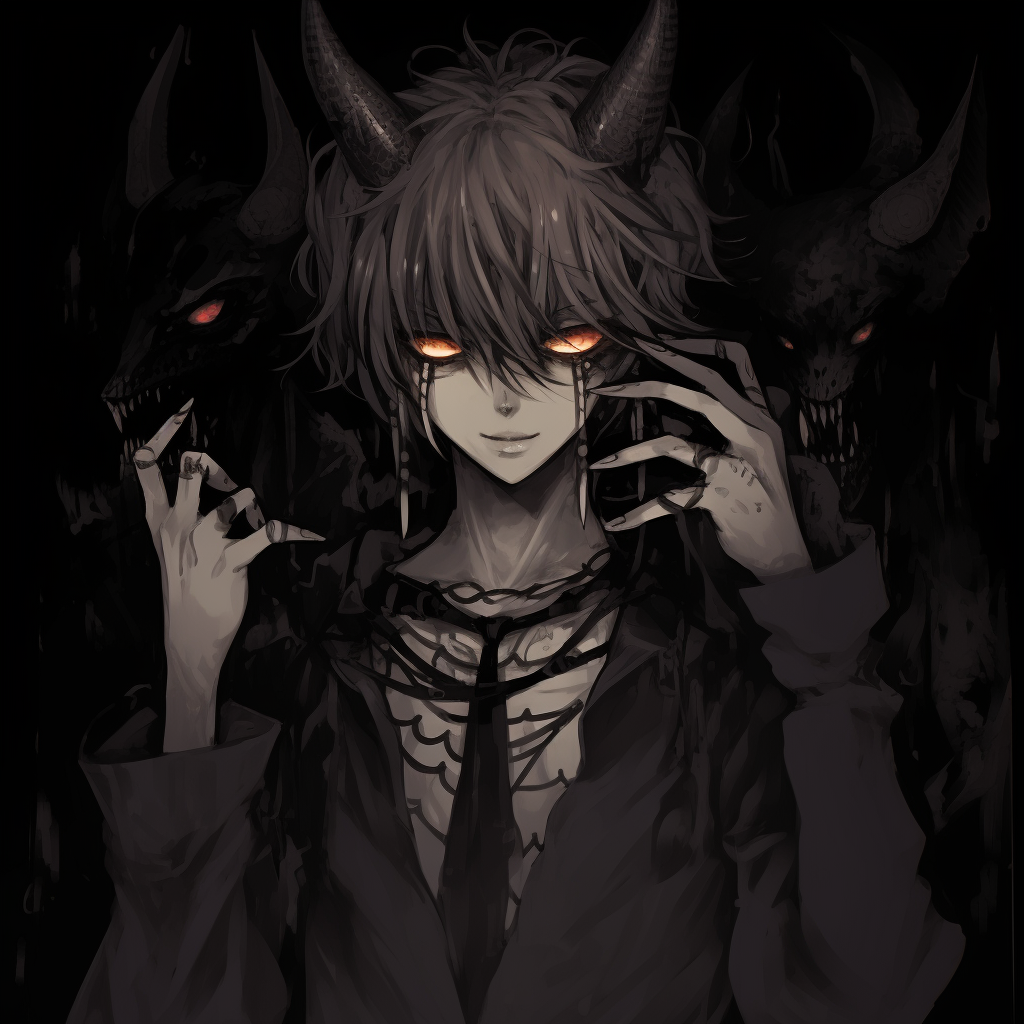 Triptych featuring three boys portrayed with different demonic features, complex detailing and rich dark tones. boys' demonic anime pfp pfp for discord.