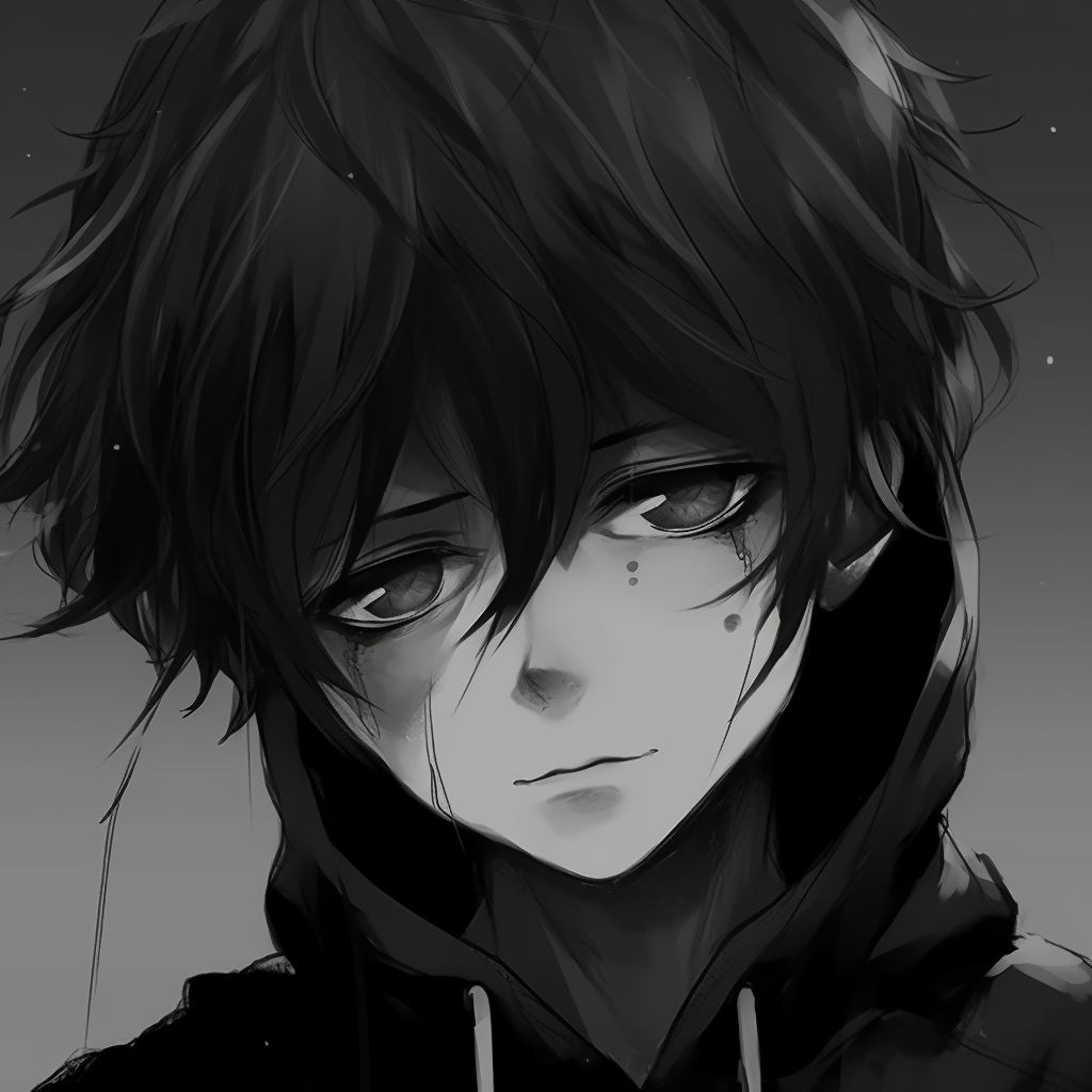 Detailed depiction of an anime boy, emphasizing sharp lines and fine rendering of elements. eminent black and white anime boy pfp pfp for discord.