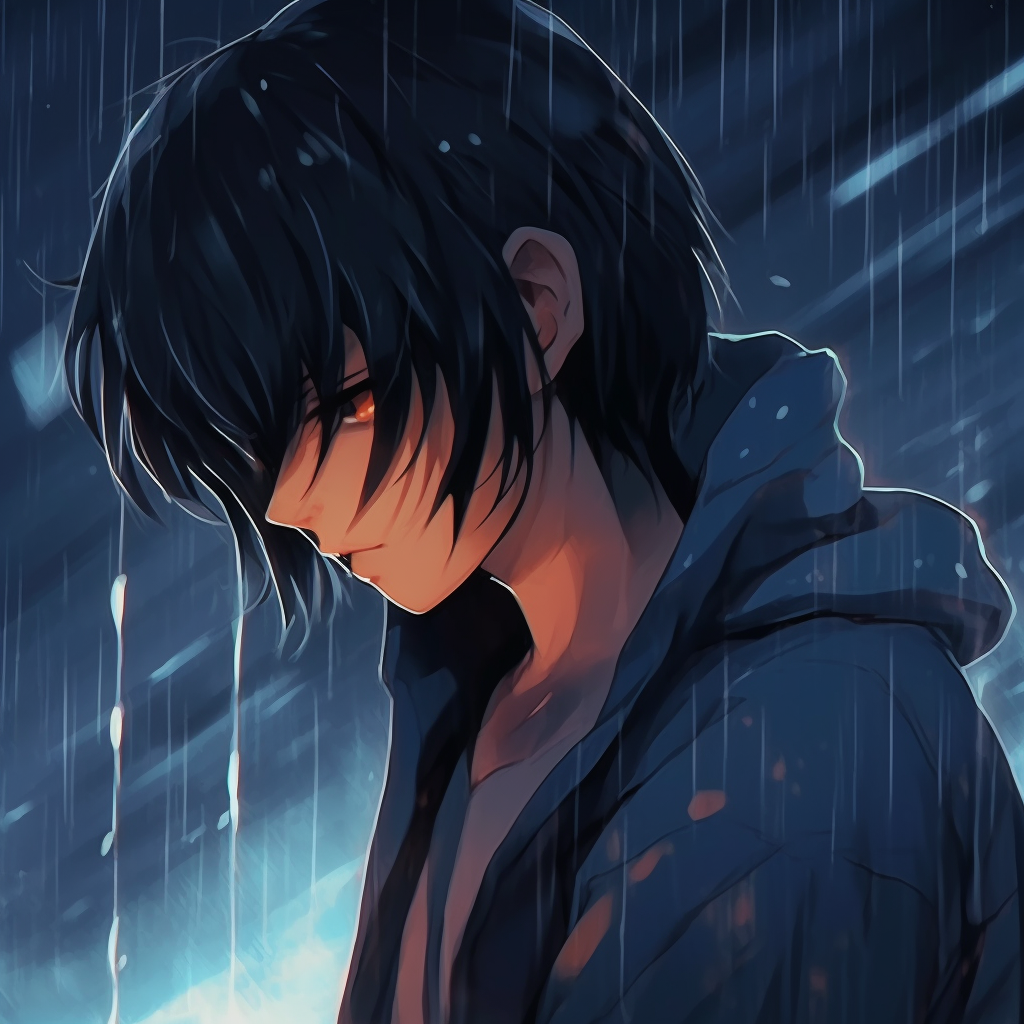 Anime boy standing in the rain, somber colors and softened lines. emotive depressed pfp boys