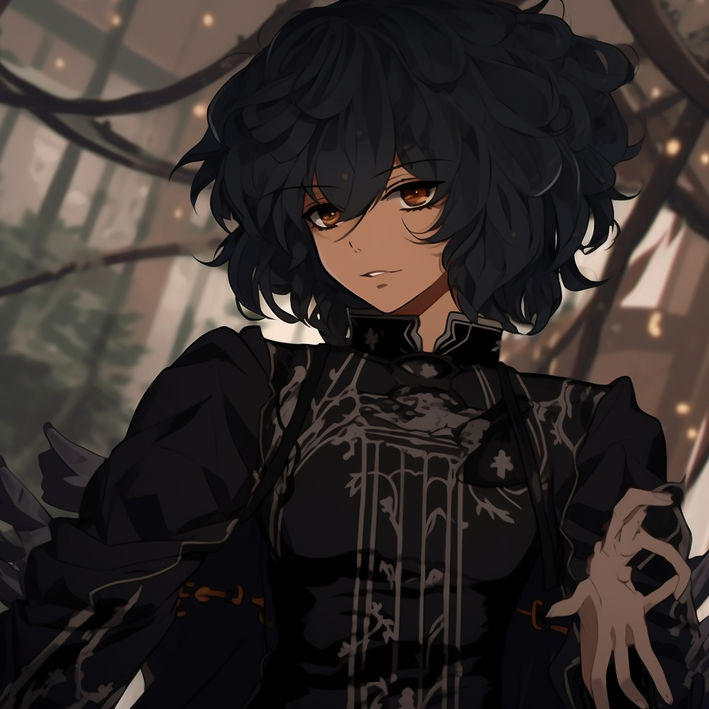 Anime character with a black lace detail, showing a mix of gothic style and traditional anime design. elegant black pfp anime pfp for discord.