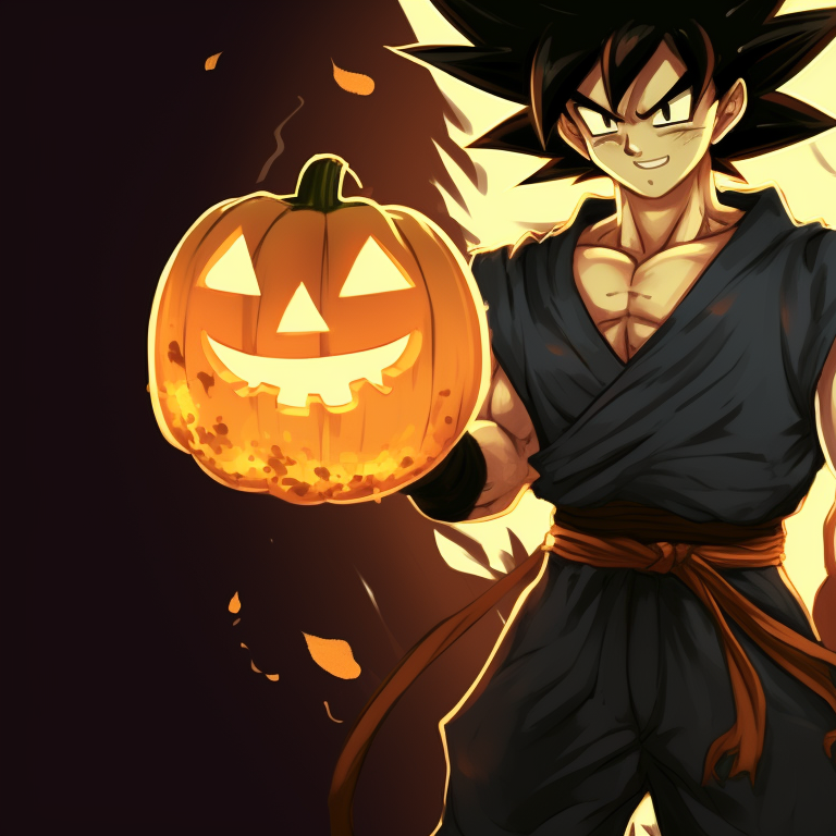 Two characters in Super Saiyan forms with glowing eyes and pumpkin accents. dragon ball z matching pfp halloween style pfp for discord.