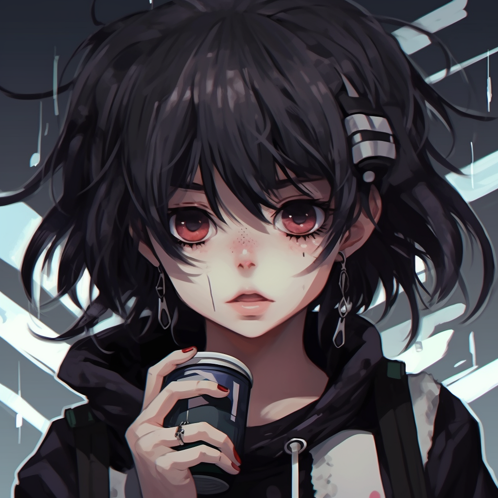 Emo anime character with long, dark hair and gloomy aura, utilizing dark hues and moody settings selection of emo anime pfp