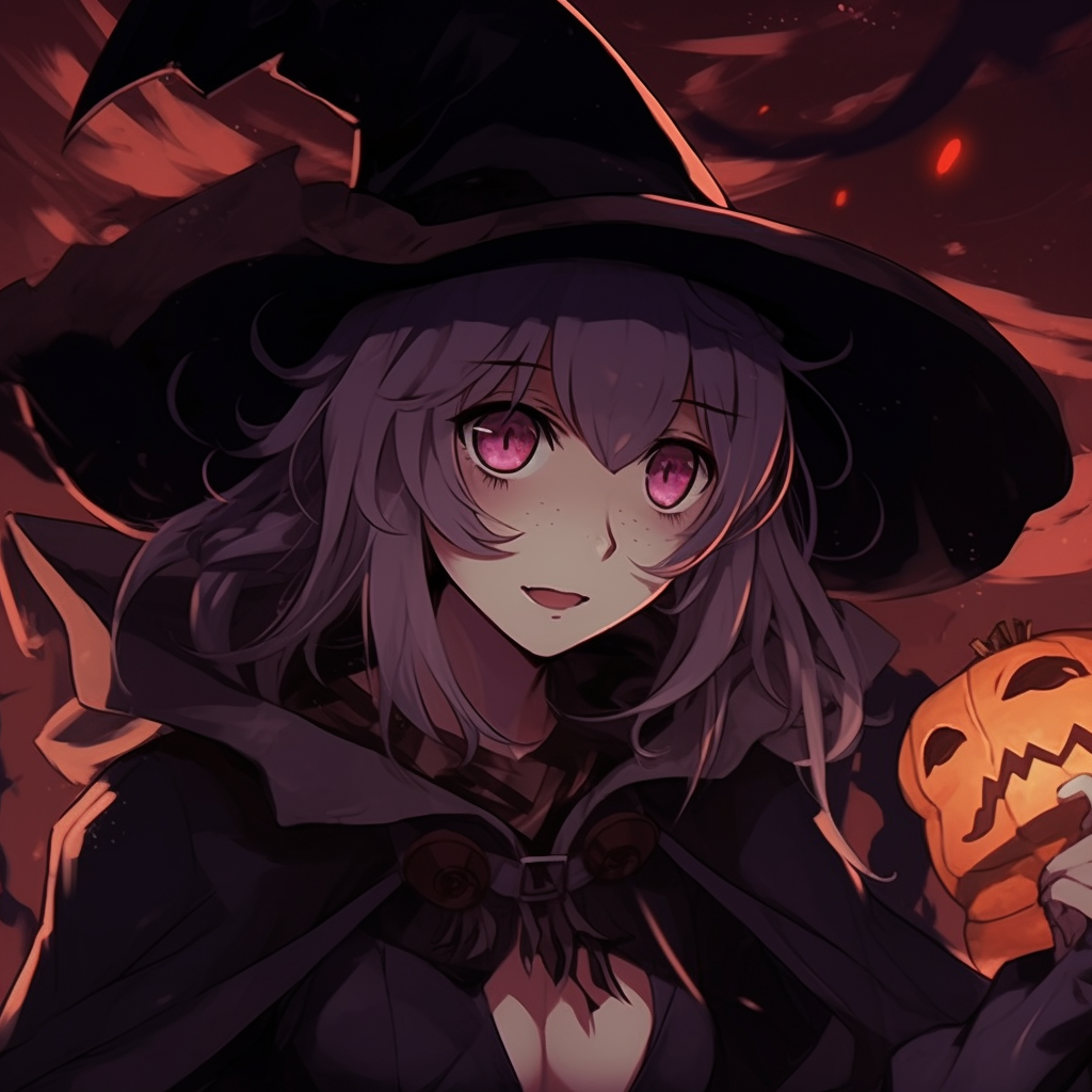 Anime witch against the backdrop of a Halloween night, deep blues and blacks dominate. halloween pfp anime genres