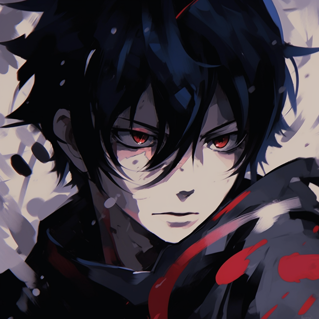 A close-up perspective of Sasuke activating his Sharingan, highlight on the red eye and black contrails. anime boy pfp styles anime pfp