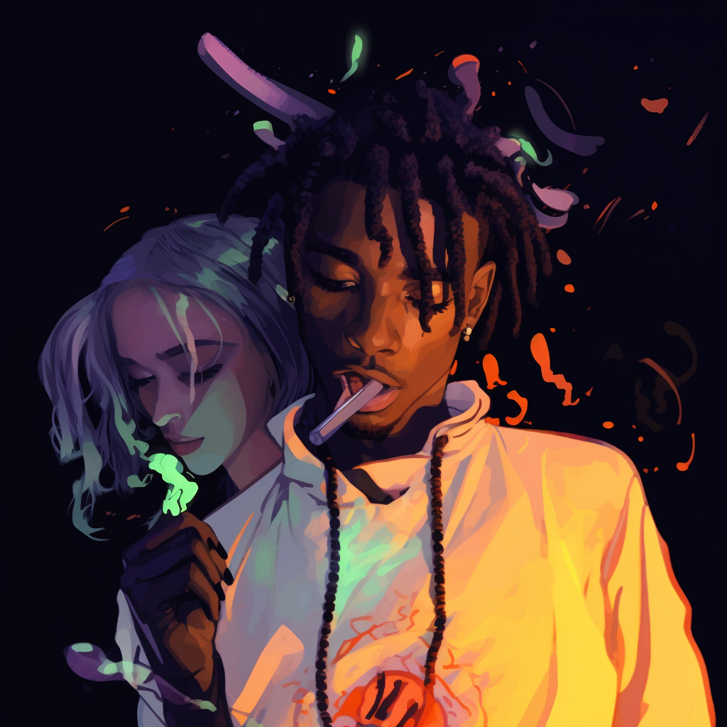 Playboi Carti stylized in anime form with metallic hues and sharp lines. playboi carti aesthetic anime pfp