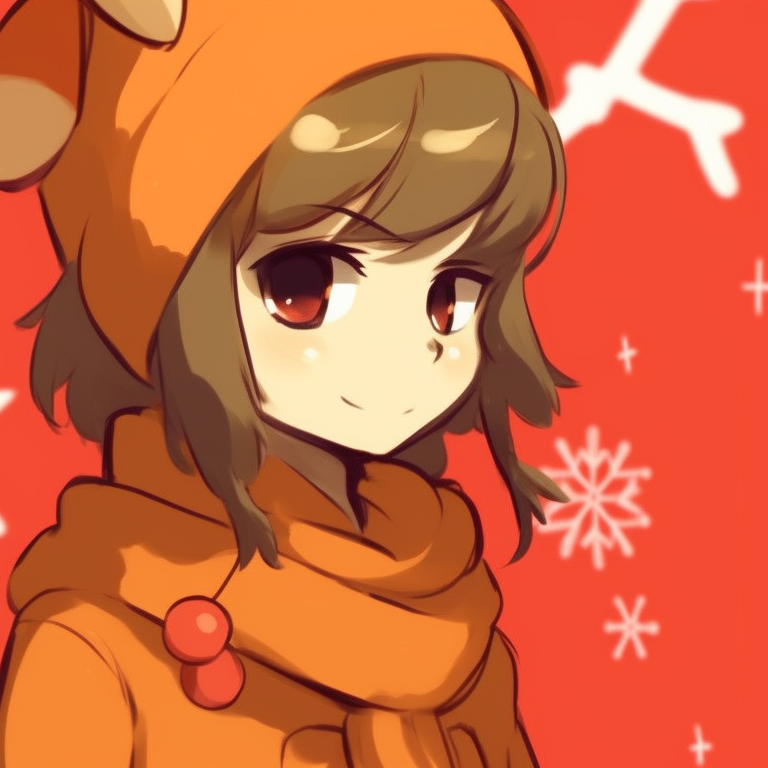 Two characters surrounded by Christmas ornaments, with a dominating orange cast. inspiring orange matching pfp for christmas pfp for discord.