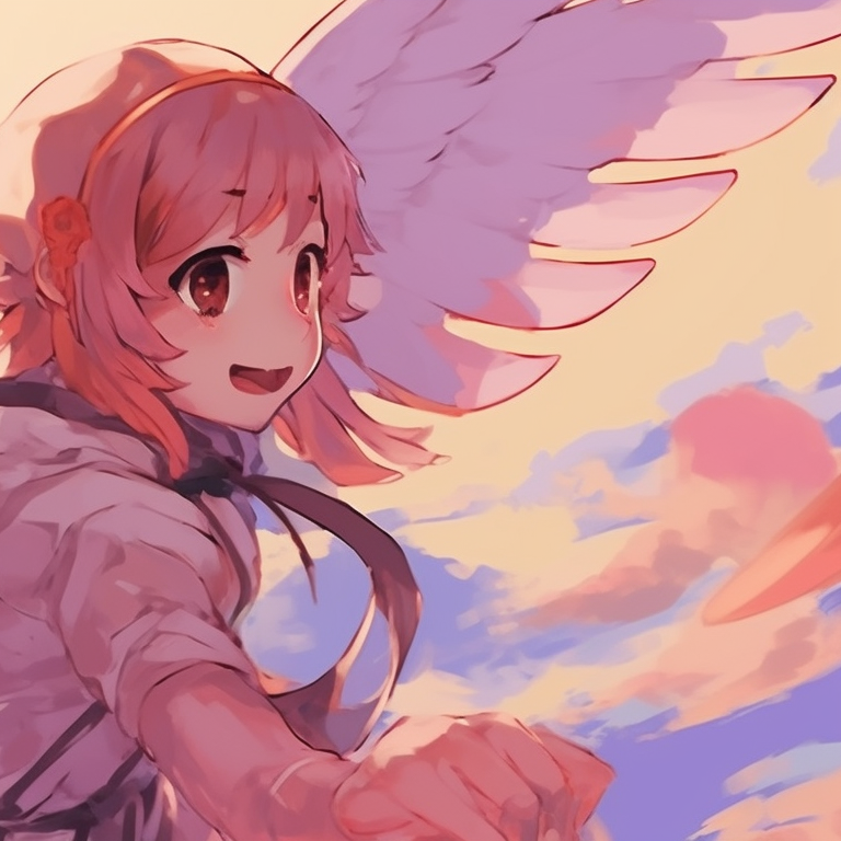 Two characters in flight, wings spread, with vibrant hues and airy atmosphere. trending matching pfps for friends pfp for discord.