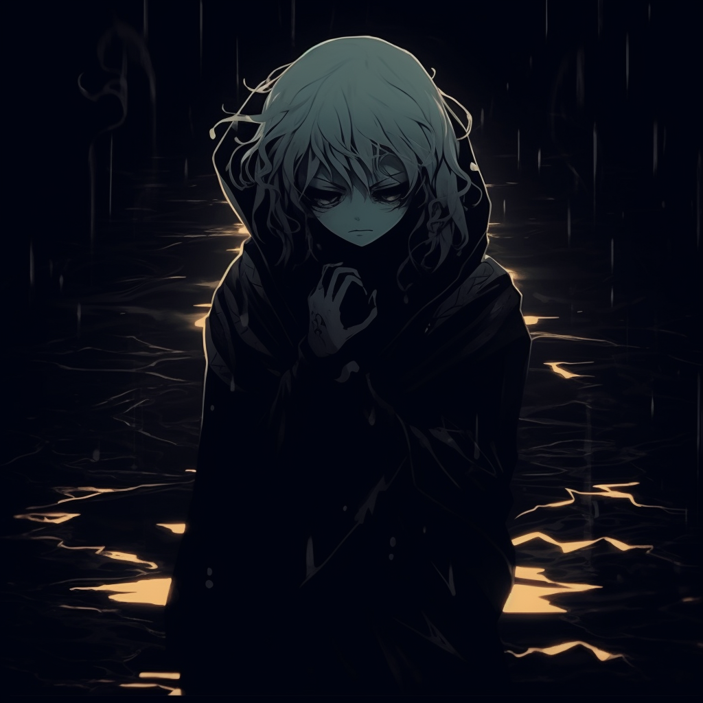 Image featuring a cloaked figure submerged in darkness, highlighting the intricacies of the cloak's design. mysterious black anime pfpHD, free download