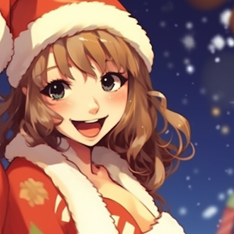 Two characters in matching Christmas sweaters, bright colors and joyous expressions. preppy matching christmas pfp ideas pfp for discord.