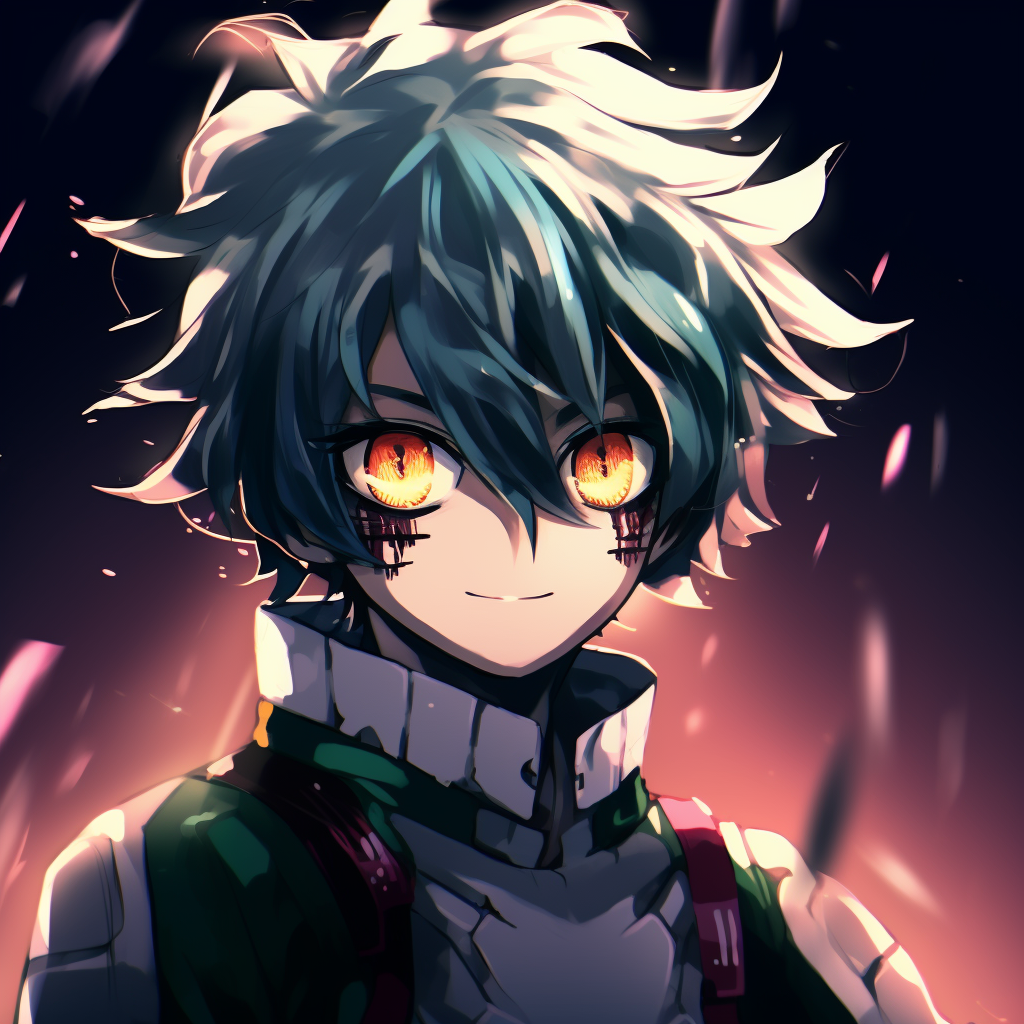 Close-up of Midoriya showing expressive eyes and freckles, with a green and blue color palette. ultra hd anime pfp