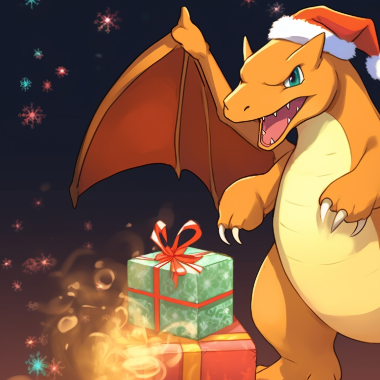 Charizard characters framed by snowcovered trees, snowfall and cold colors. charizard christmas special pfp pfp for discord.