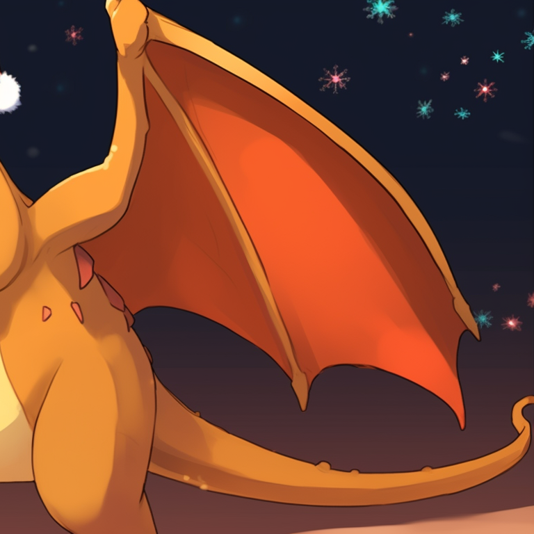 Charizard characters framed by snowcovered trees, snowfall and cold colors. charizard christmas special pfp pfp for discord.