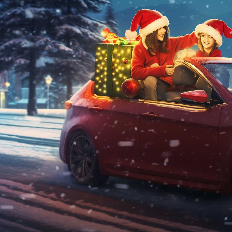 Two anime characters outfitted in Christmas attire, within a vintage car adorned with holly and lights. optimized christmas car images pfp for discord.